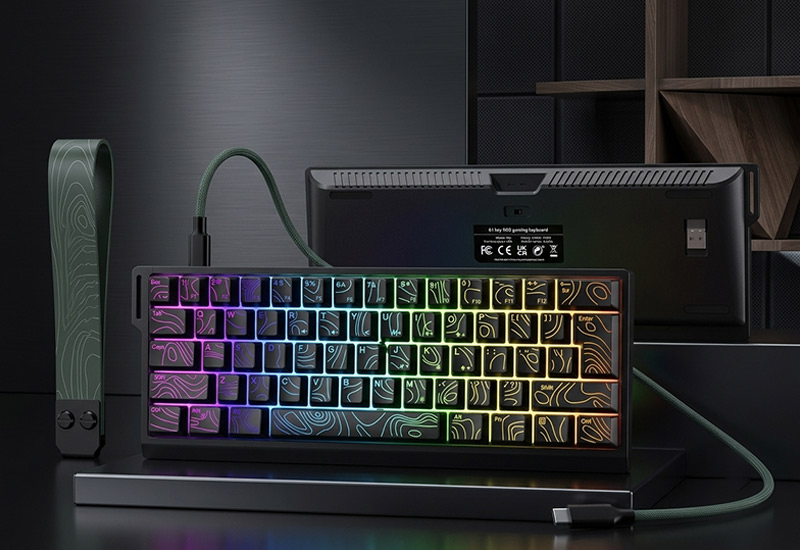 Compact-61-Key-Membrane-Gaming-Keyboard-With-Topographic-Print-Keycaps-&-Rainbow-Lighting-K2-Key-Selling-Points